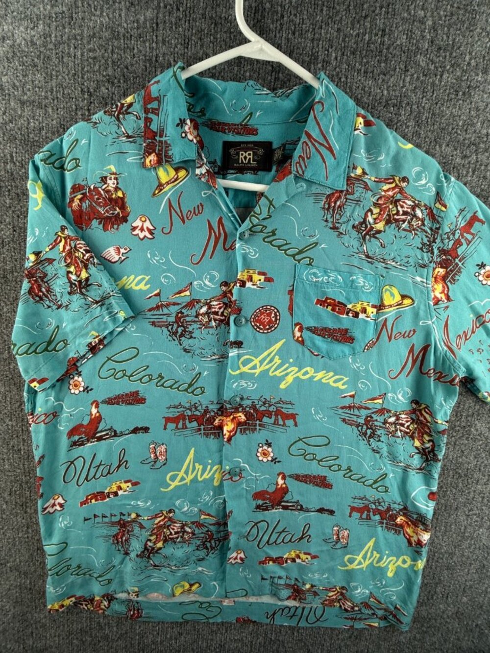 RRL Ralph Lauren Double RL Western Print Camp Shirt Large Graphic US States